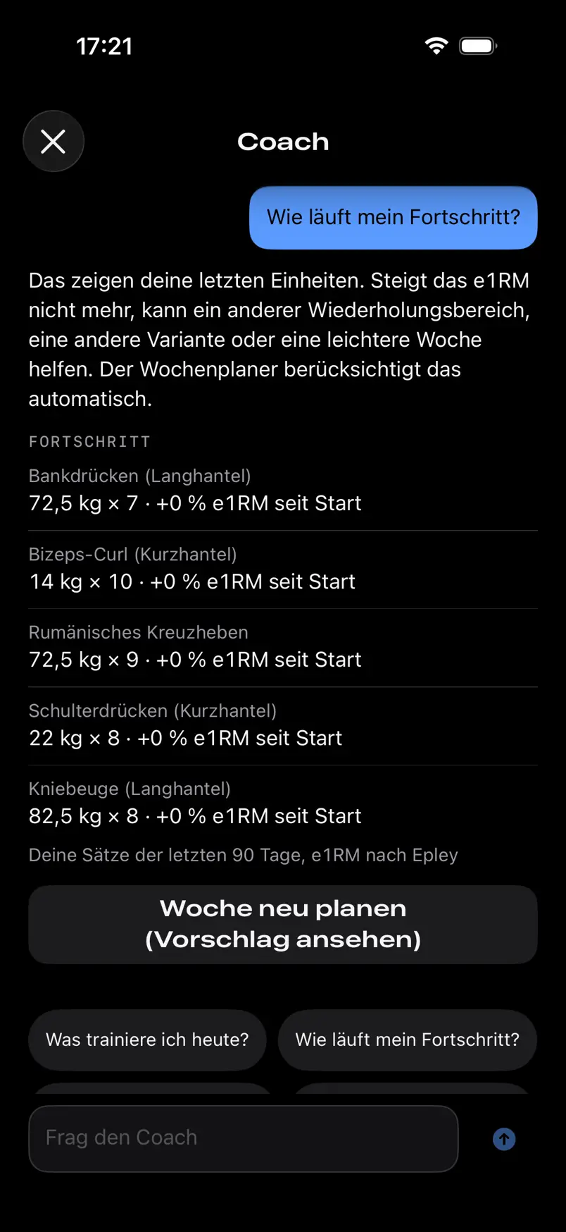 FORMA, the coach from FORMA Pro: the question how progress is going and the answer with the estimated one-rep max (e1RM) per exercise from recent sessions.