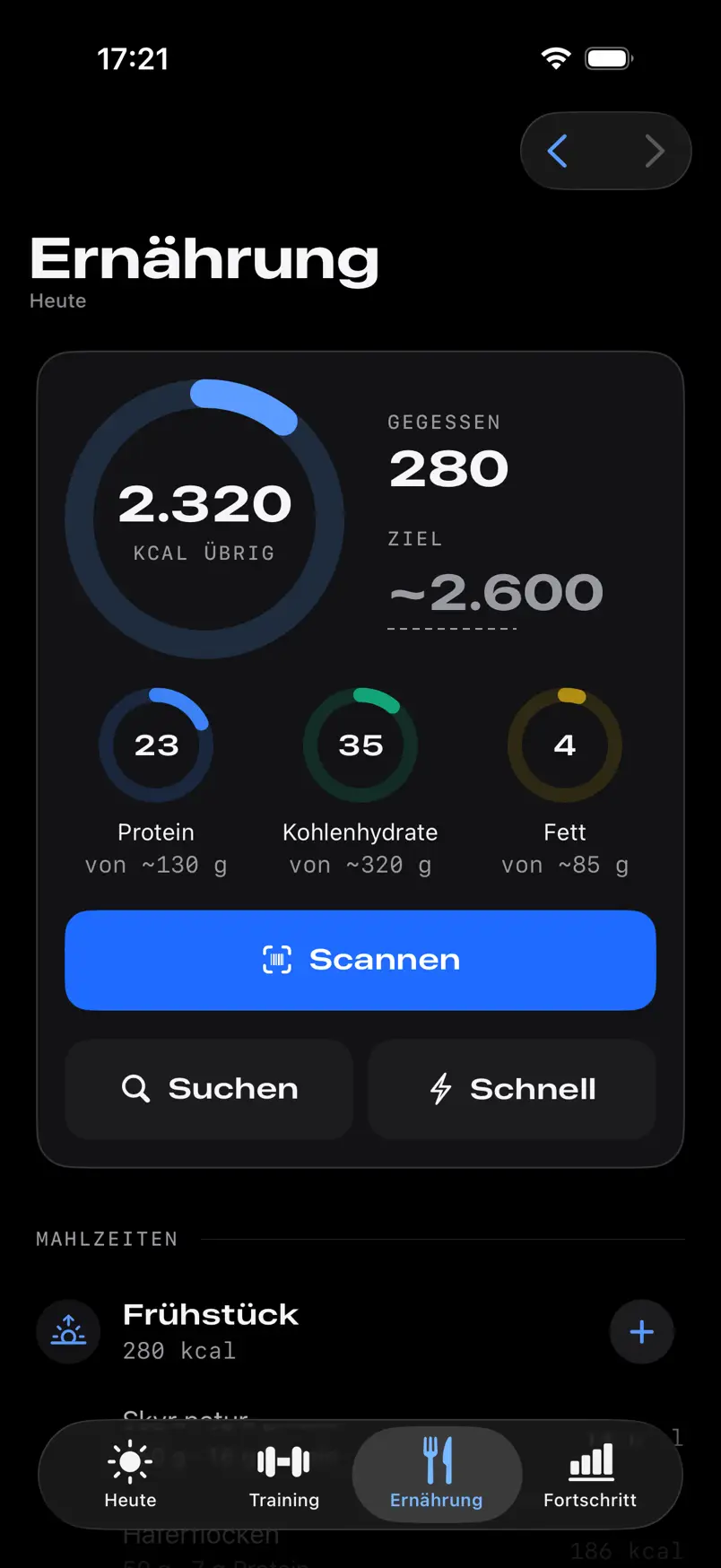 FORMA, Nutrition screen: calories left for the day, protein, carbohydrates and fat, and buttons to scan, search and log quickly.