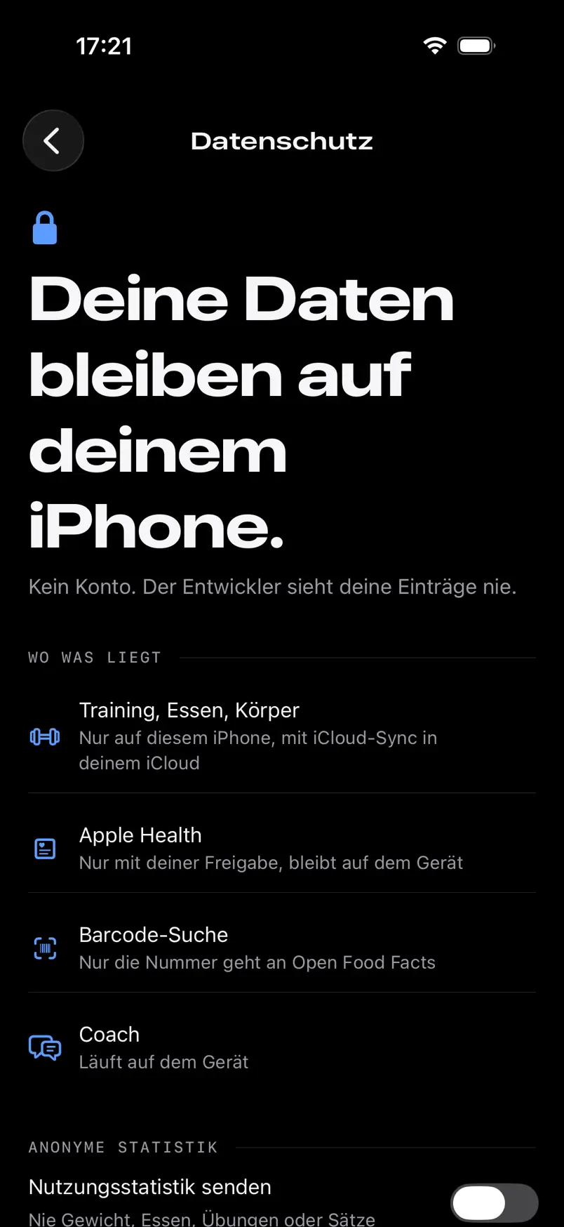 FORMA, privacy overview: the headline saying your data stays on your iPhone, where each kind of data is kept and the switch for anonymous statistics.