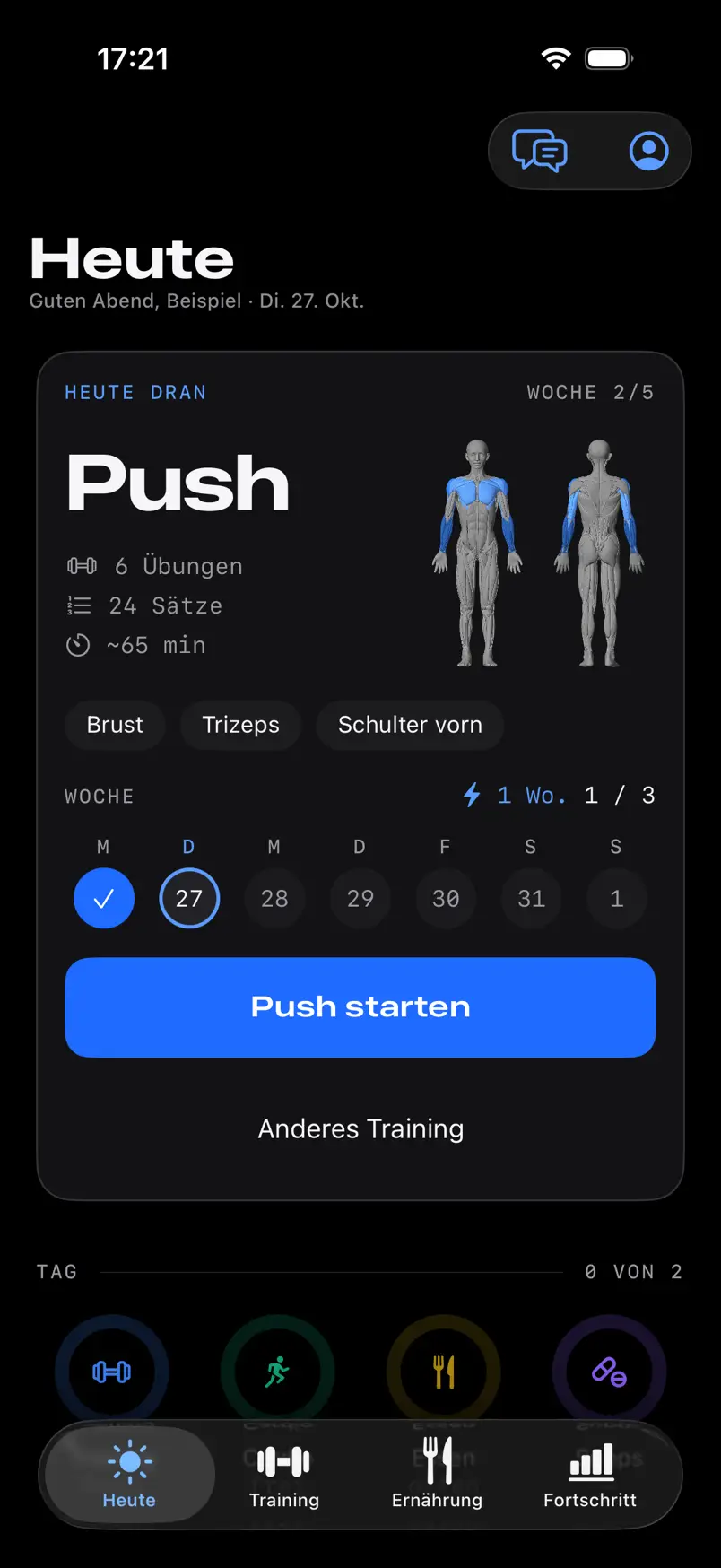 FORMA, Today screen: the planned Push workout with 6 exercises and 24 sets, the muscles involved on the body figure, the week strip and the start button.
